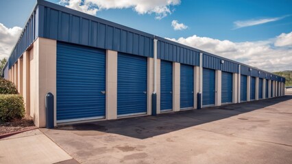 Fototapeta premium storage units, industrial building, blue garage doors, concrete driveway, blue sky, cloudy horizon, metal siding, self-storage facility, symmetrical architecture, perspective view, daytime, commercial