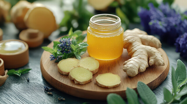 wellness concept image featuring ginger elixir in jar surrounded by fresh ginger slices and herbs on wooden board, evoking sense of natural health and vitality