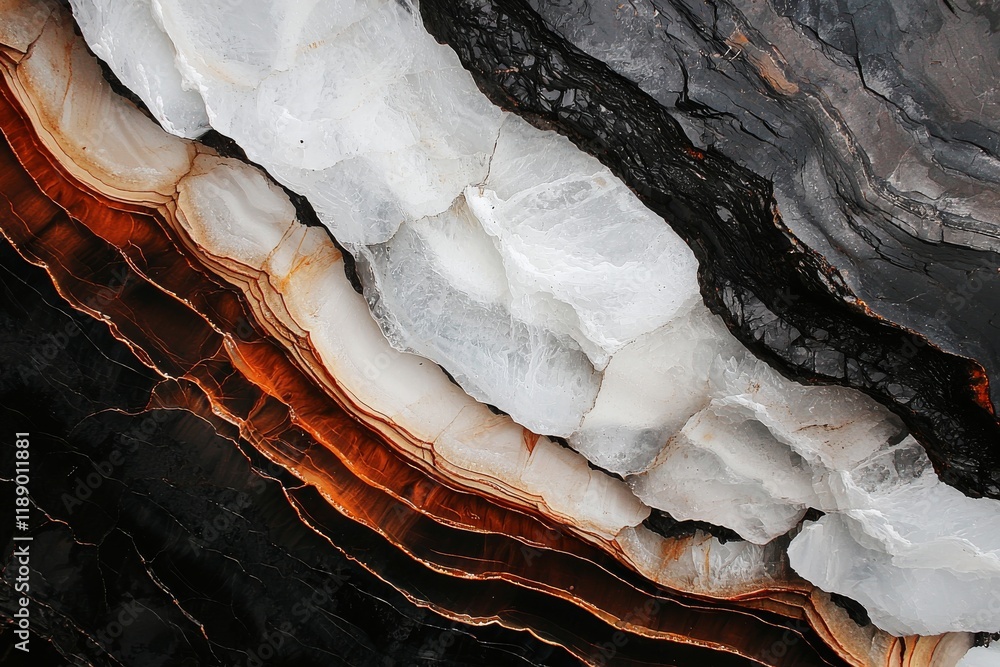 Poster striking layers of natural stone with unique textures and patterns in earthy tones and contrasting c