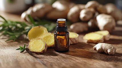 wooden table with ginger essential oil bottle and fresh ginger slices creates natural and aromatic setting. scene is enhanced by rosemary sprigs, adding touch of greenery