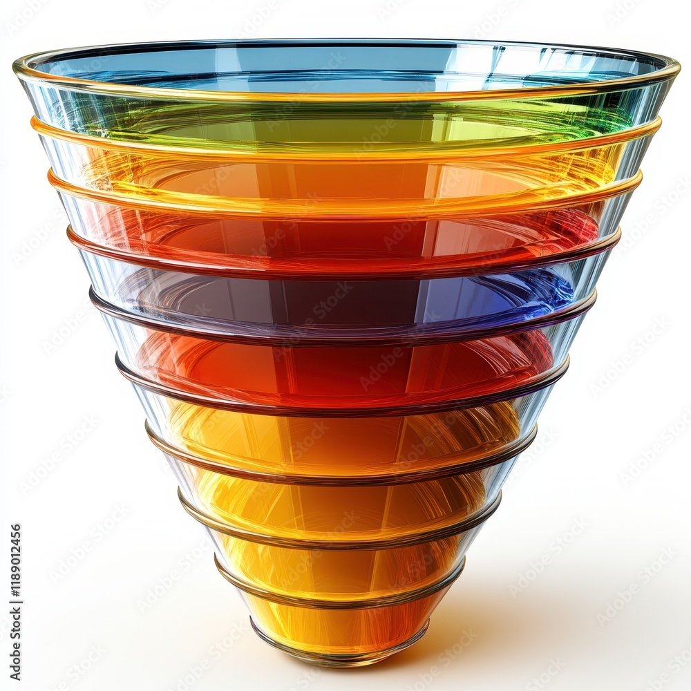 Poster a colorful glass funnel with layered sections in gradient hues.