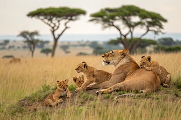 Fototapeta na wymiar African Lioness with Cubs in Savanna Grassland