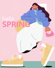 Hello spring! Girl in cute outfit. Modern hand drawn illustration.