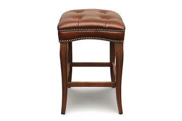 Contemporary bar stool featuring a rich leather top, against a clean white background, detailed high-resolution PNG