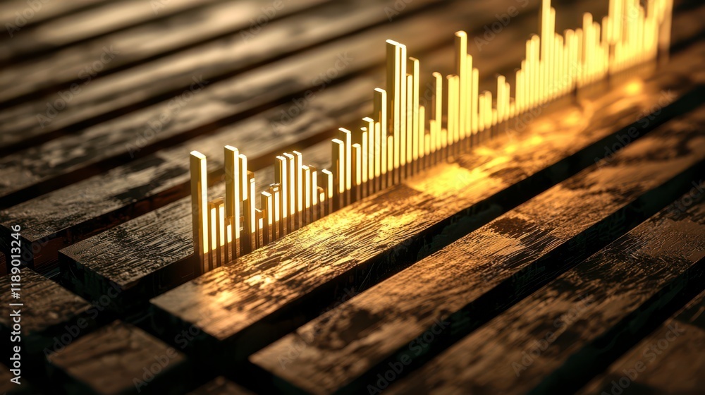 Poster a digital soundwave visualization with golden bars stands prominently against a wooden background, c