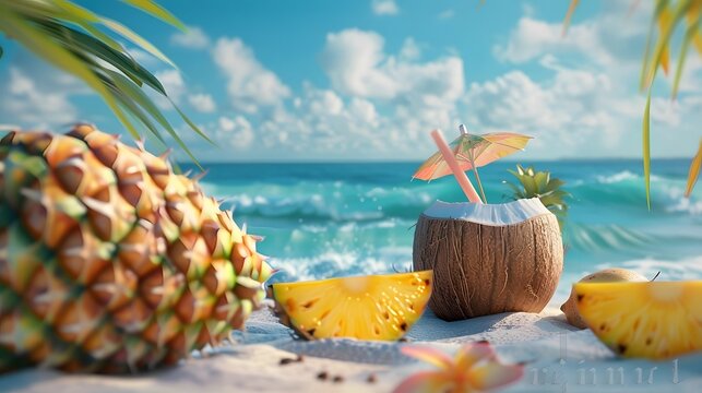 Tropical Beach Ocean Coconut Cocktail Drink with Pineapple Fruits
