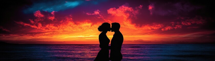 Couple sharing a romantic kiss in a beautiful outdoor setting during sunset valentine day