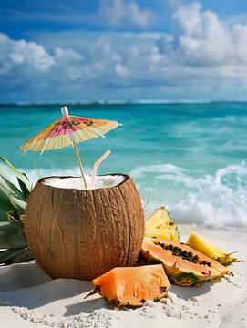 Tropical Beach Coconut Summer Cocktail Drink with Pineapple Fruits