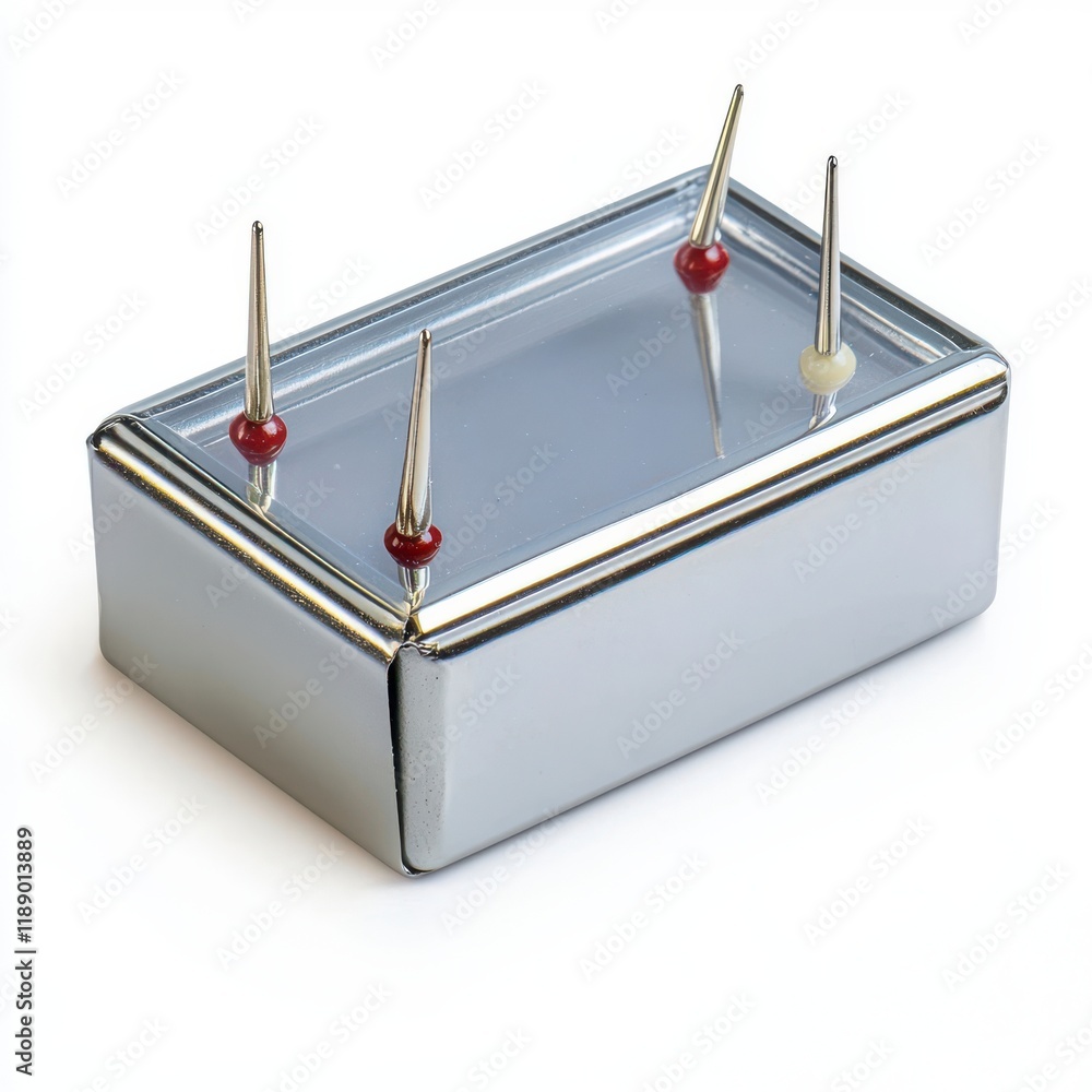 Poster a sleek, metallic box with sharp pins attached, showcasing a modern design suitable for various deco
