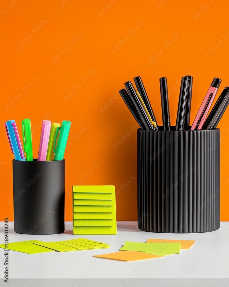 Poster a vibrant workspace featuring colorful markers and sticky notes against an orange background, creati