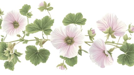 Delicate Pink Flowers and Lush Green Leaves Branch