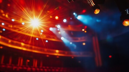 Fototapeta premium Vibrant Stage Lighting Photo: Intense Beams Illuminate Empty Theater Seats. AI Generated