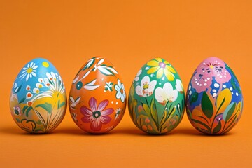 Fototapeta premium Colorful easter eggs decorated with floral motifs resting on orange background