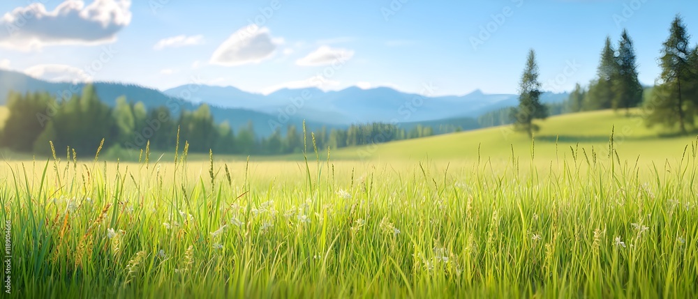 Poster a field of grass with a few trees in the background