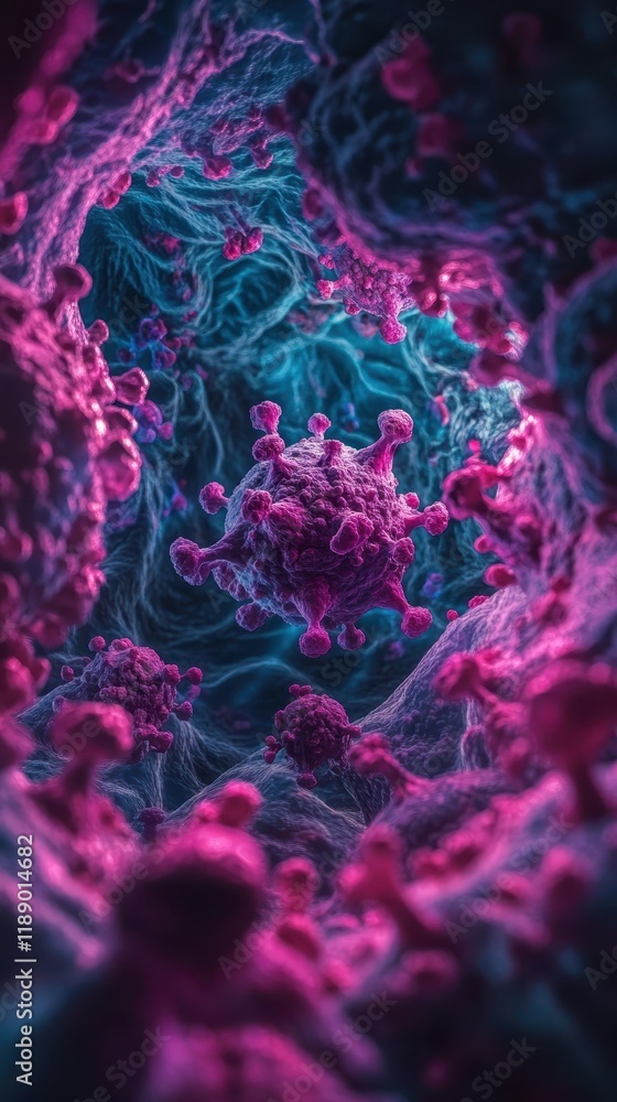 Poster microscopic world a journey into the vivid realm of viruses stunning visual representation of cellul