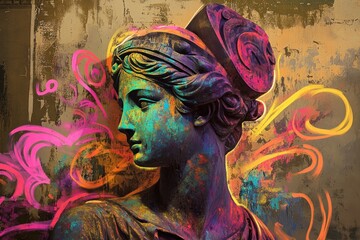 Vibrant Graffiti Art Featuring Classical Sculpture Bust