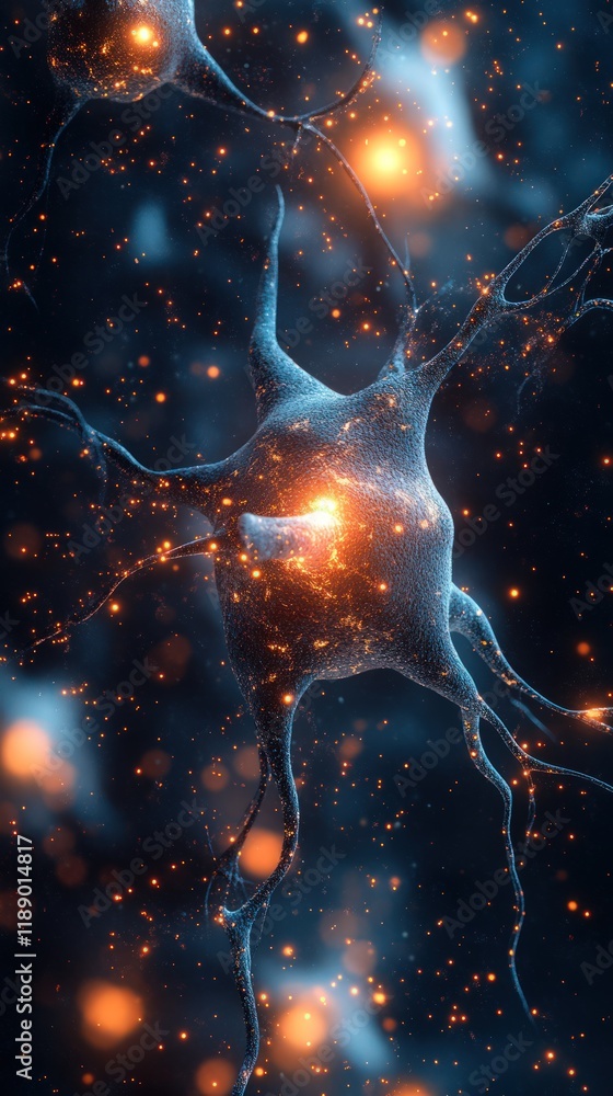 Poster microscopic view of glowing neuron cell with synapses firing.