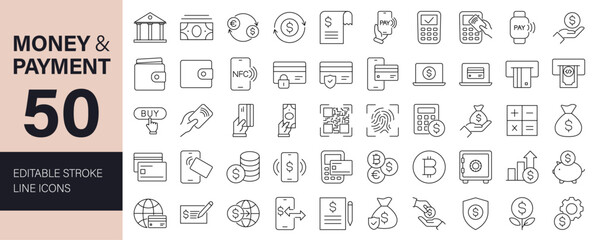 Money and Payment Line Editable Icons set. Vector illustration in modern thin line style of money and finance operations: wallet, money transfer, banking, credit card, cash, transaction and more.