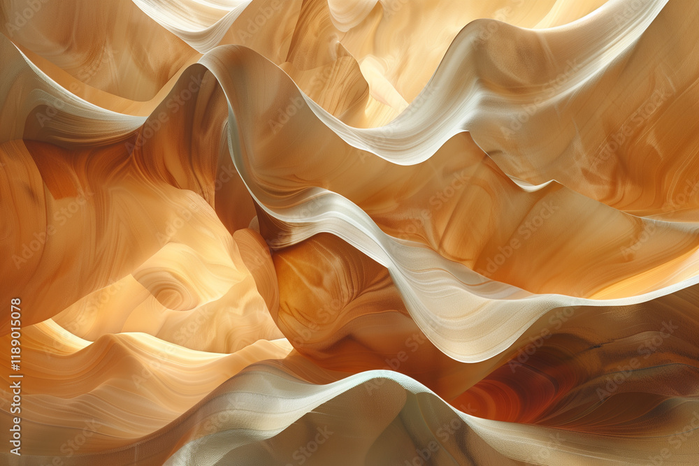 Poster abstract sand dunes, emphasizing their fluid shapes and the interplay of light and shadow in the des
