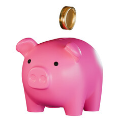 Pink piggy bank with dropping coin isolated on white background 3d