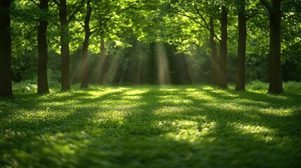 Obraz premium Sunbeams filtering through lush green forest, creating a peaceful and serene atmosphere