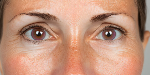 Close-up of a woman's eyes, showcasing details of the iris, eyelashes, and surrounding skin.  Note the fine lines and texture.