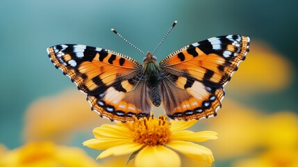 Obraz premium Painted Lady Butterfly on a Yellow Flower with Wings Open displaying its vibrant orange, black and white patterns, against a blurred blue-green background
