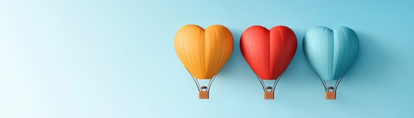 Fototapeta premium Colorful Heart-Shaped Hot Air Balloons Floating Against a Soft Blue Background for Joyful Imagery