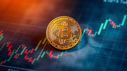 Bitcoin Cryptocurrency Coin on Financial Chart Background with Rising Candlestick Graphs - Digital Currency Investment Concept