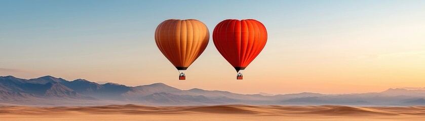 Obraz premium Colorful Hot Air Balloons Soaring Over Desert Landscape at Sunset with Beautiful Horizon View