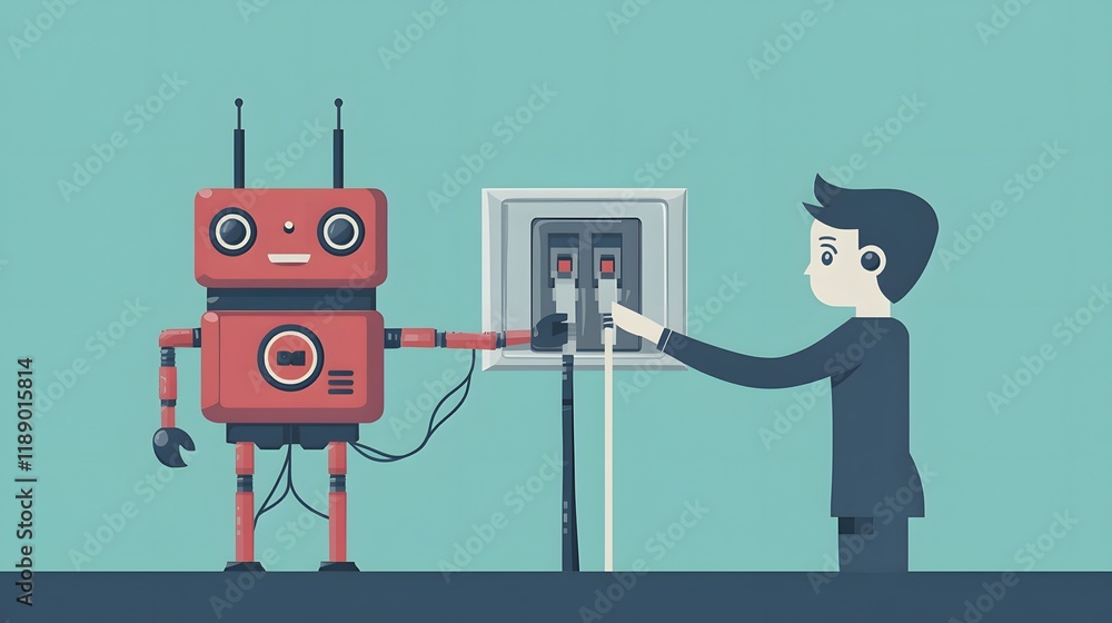 Poster a businessman connects a robot to a power source