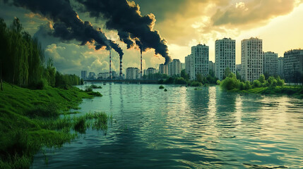 Fototapeta premium Climate change impacts include floods droughts and the need for adaptation. Pollution Effects on Cityscape with Smoke and Water Reflection