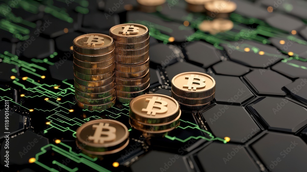 Poster a close-up view of bitcoin coins stacked on a digital circuit board, symbolizing cryptocurrency and 