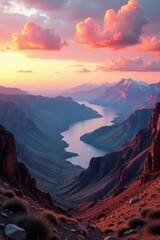 Fototapeta premium Desert mountain range at sunrise with misty valleys, mountains, panoramic