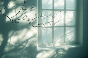 ethereal shadow play of tree branches on white interior wall through window glass creating abstract natural pattern in sunlight
