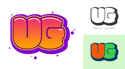 UG logo design for festival or party. Initial letter u and g in graffiti style. Creative modern lettering company name of font typography. Kids trendy logotype or identity.