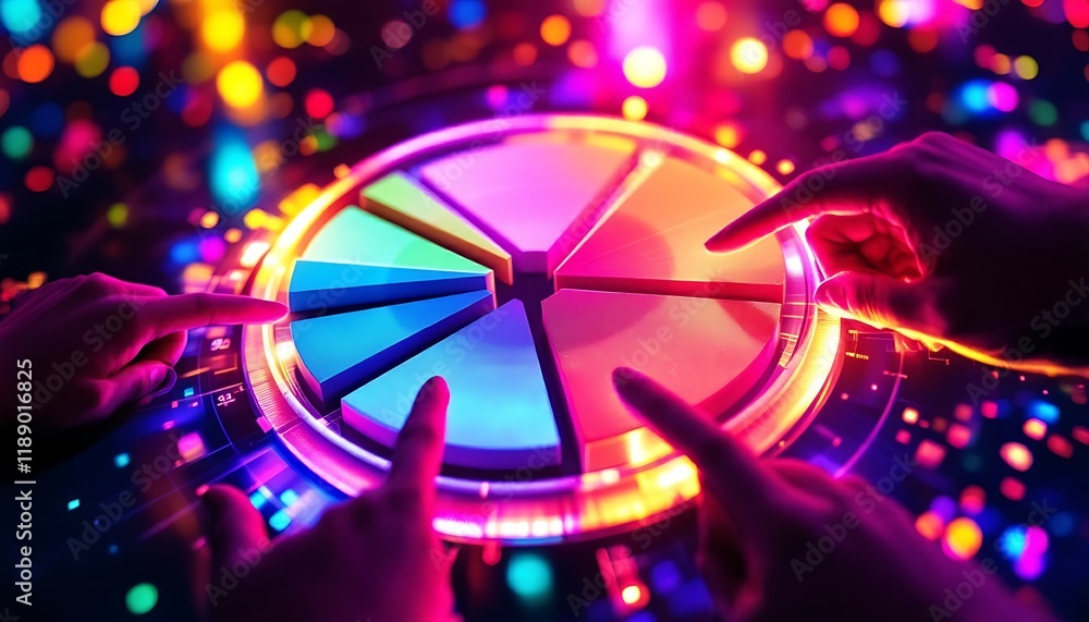 Poster neon pie chart: collaborative data visualization