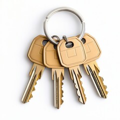 A simple set of three gold-colored keys attached to a metal keyring, isolated on a white background.