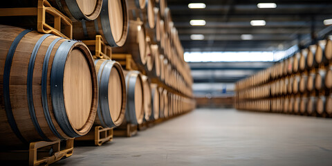 Rows of wooden barrels in a large warehouse, awaiting aging and processing.