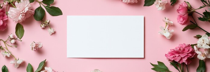 Blank white paper surrounded by delicate pink flowers on a wooden table background valentine day