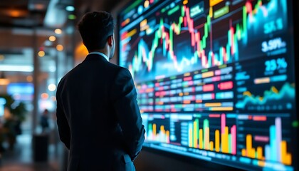 Businessman Contemplating Vibrant Stock Market Data Visualization