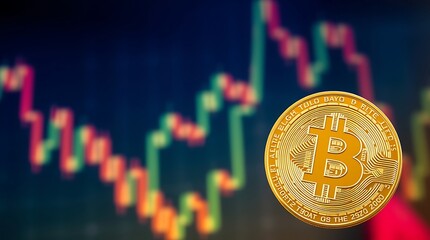 Bitcoin Cryptocurrency Coin on Financial Chart Background with Rising Candlestick Graphs - Digital Currency Investment Concept