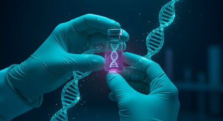 Scientist Holding Glowing DNA Vial with Spiraling Helix in Futuristic Medical Laboratory