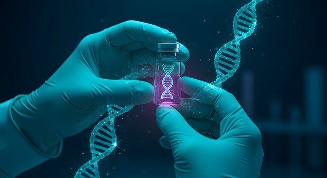 Scientist Holding Glowing DNA Vial with Spiraling Helix in Futuristic Medical Laboratory - Powered by Adobe