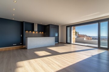 Modern house with a pool and terrace, exterior design in a dark blue-gray color.