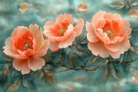 ethereal watercolor peonies dancing across textured silk delicate pink and coral blooms intertwined with sage green leaves traditional asian brushwork style with modern bohemian flair
