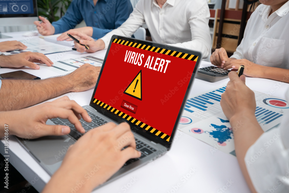 Poster Virus warning alert on computer screen detected brisk cyber threat , hacker, computer virus and malware