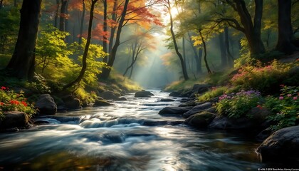 Obraz premium Serene Forest Stream: Sunlit Autumn Landscape Photography