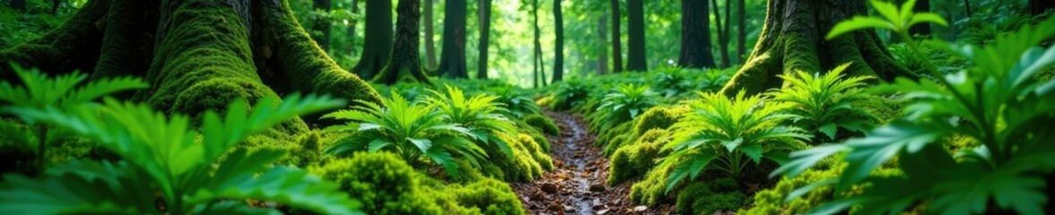 Fototapeta premium Evergreen forest floor covered with ferns and moss, plant life, nature, greenery