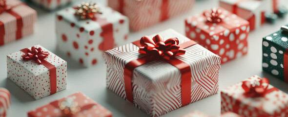 Obraz premium Festive Christmas gifts with red ribbons and patterns